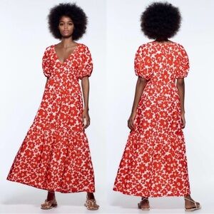 ZARA Red & White Bold Floral Maxi Dress